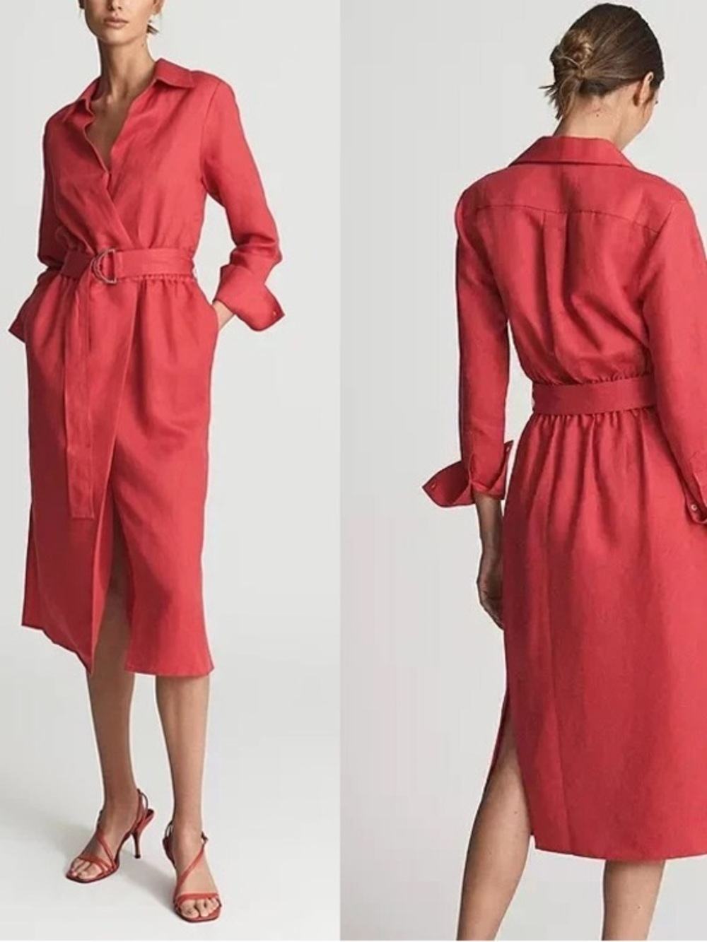 Reiss NWT Emily Linen Blend Coral Red Long Sleeve Shirt Midi Dress S (4)